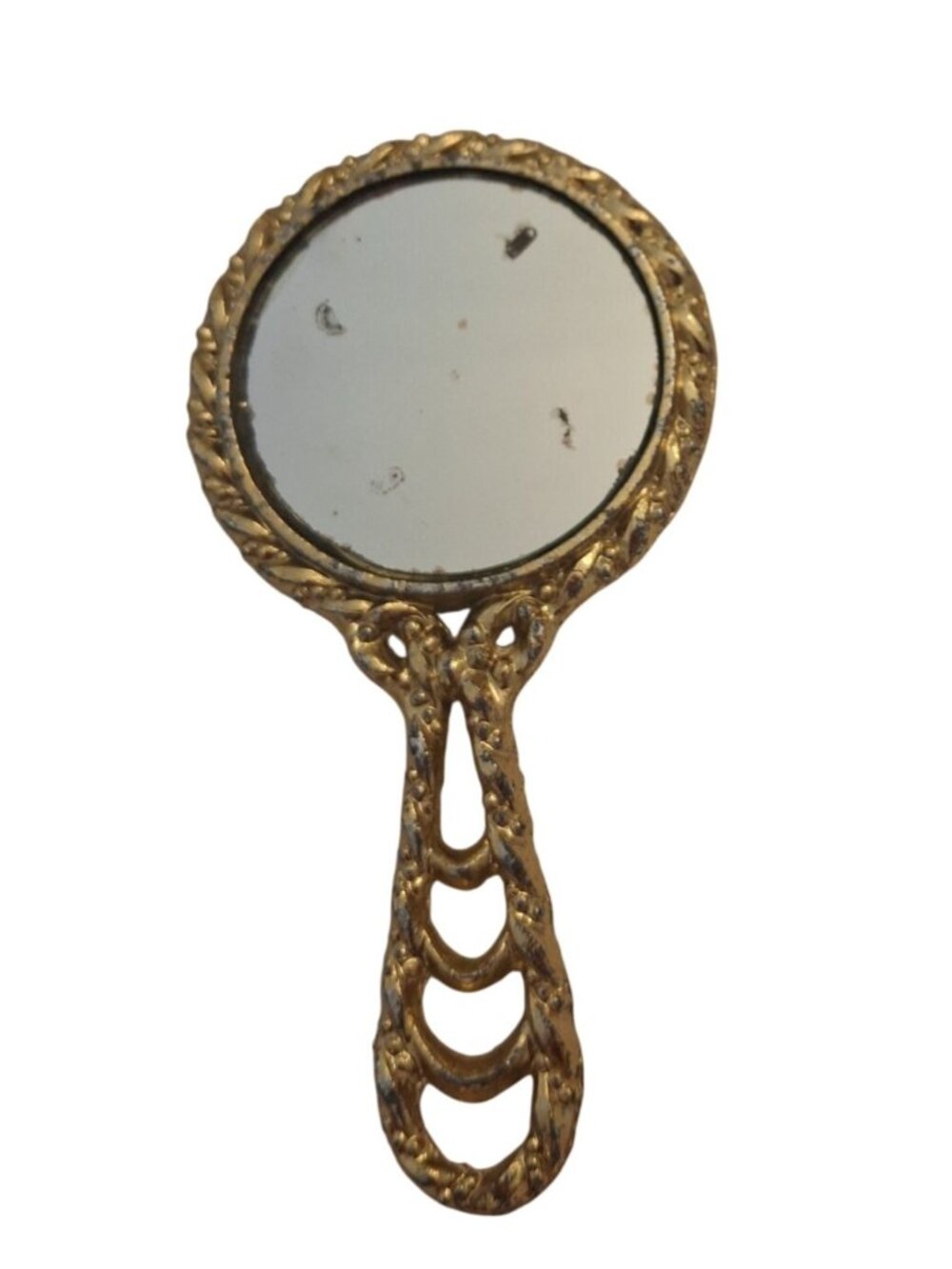 Vintage Gold Tone Hand Mirror Lady Face Reverse Novelty Art Deco